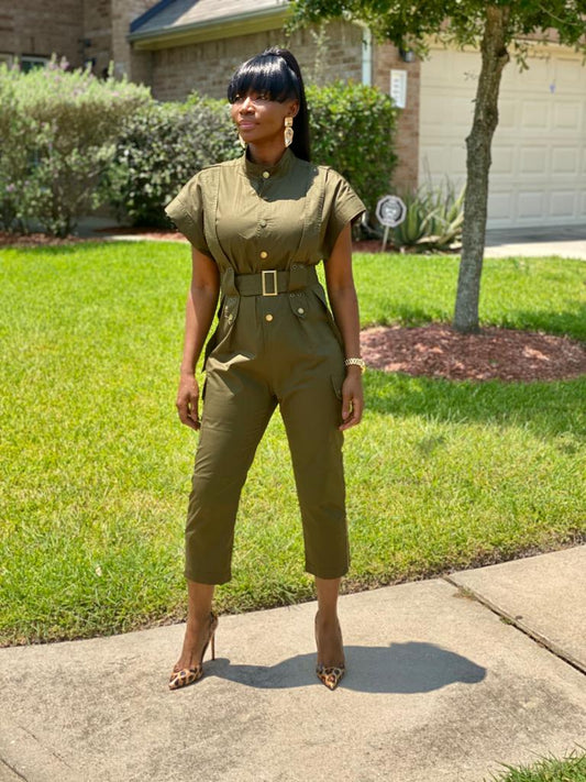 OLIVE Green Jumpsuit, w/ oversized cap sleeves