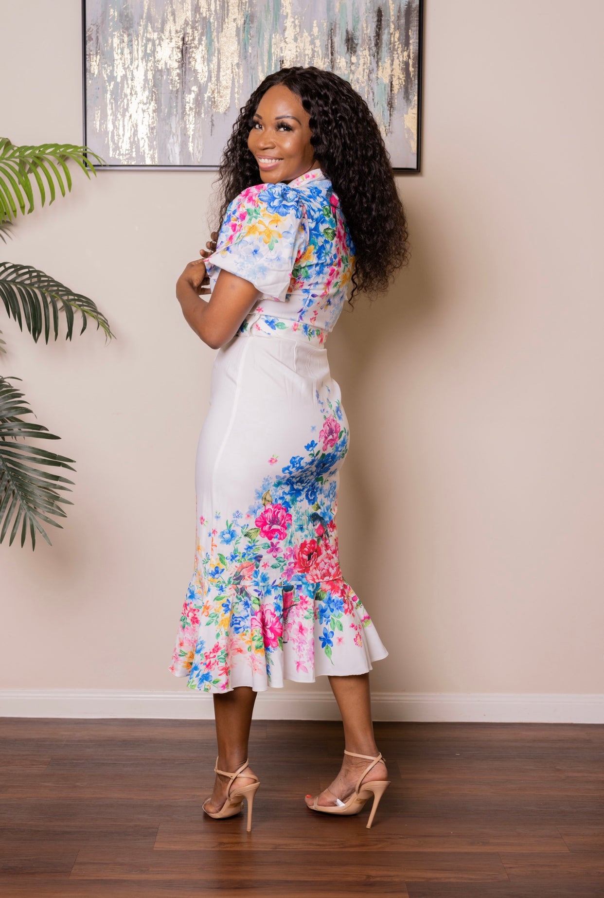“FRANESSA” COLORFUL FLOWERED MIDI DRESS WITH PUFFY SLEEVES