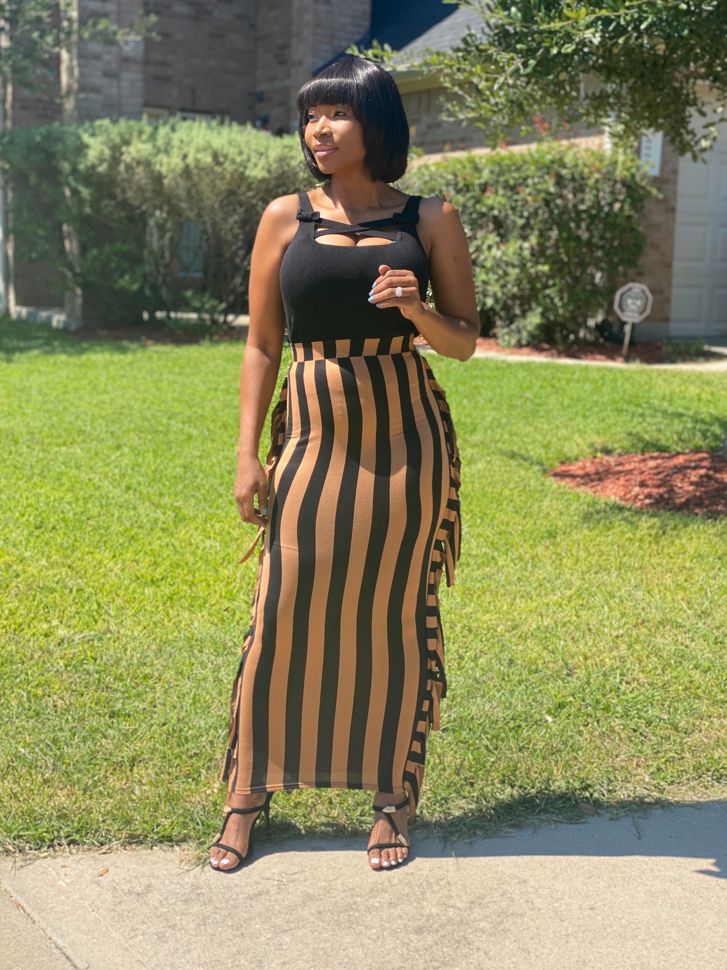 “Rosie” Vertical Striped  printed Fringed  Maxi Skirt