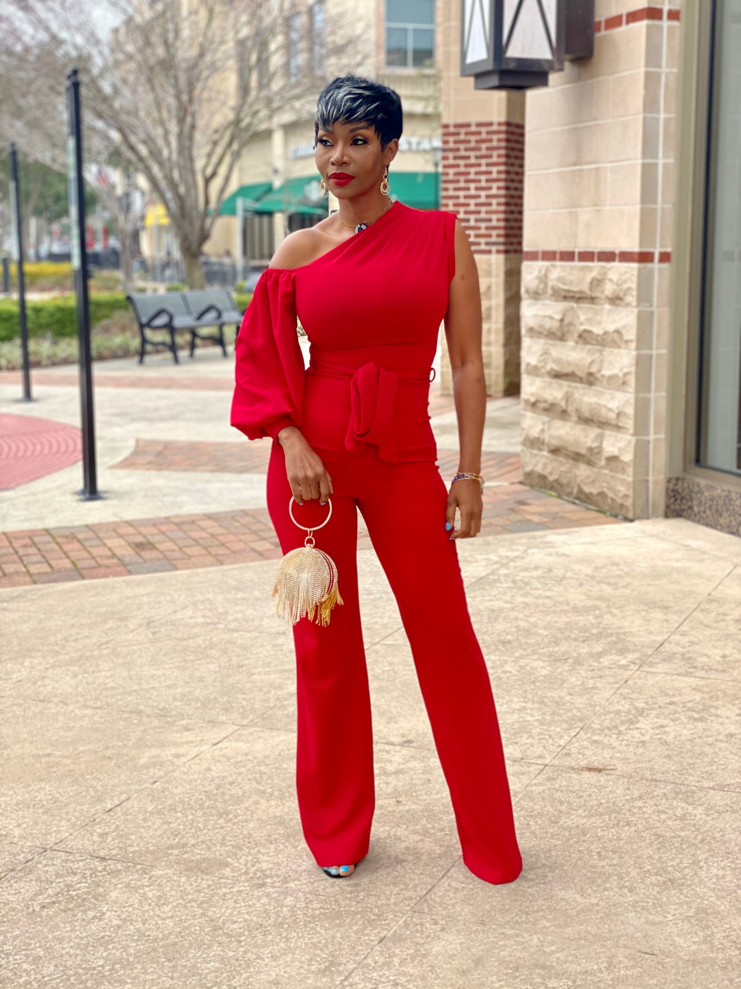 Roslyn One Arm Red Jumpsuit